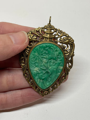 Brass and Plastic Green Carved Brooch/ Pendant Bloomers and Frocks